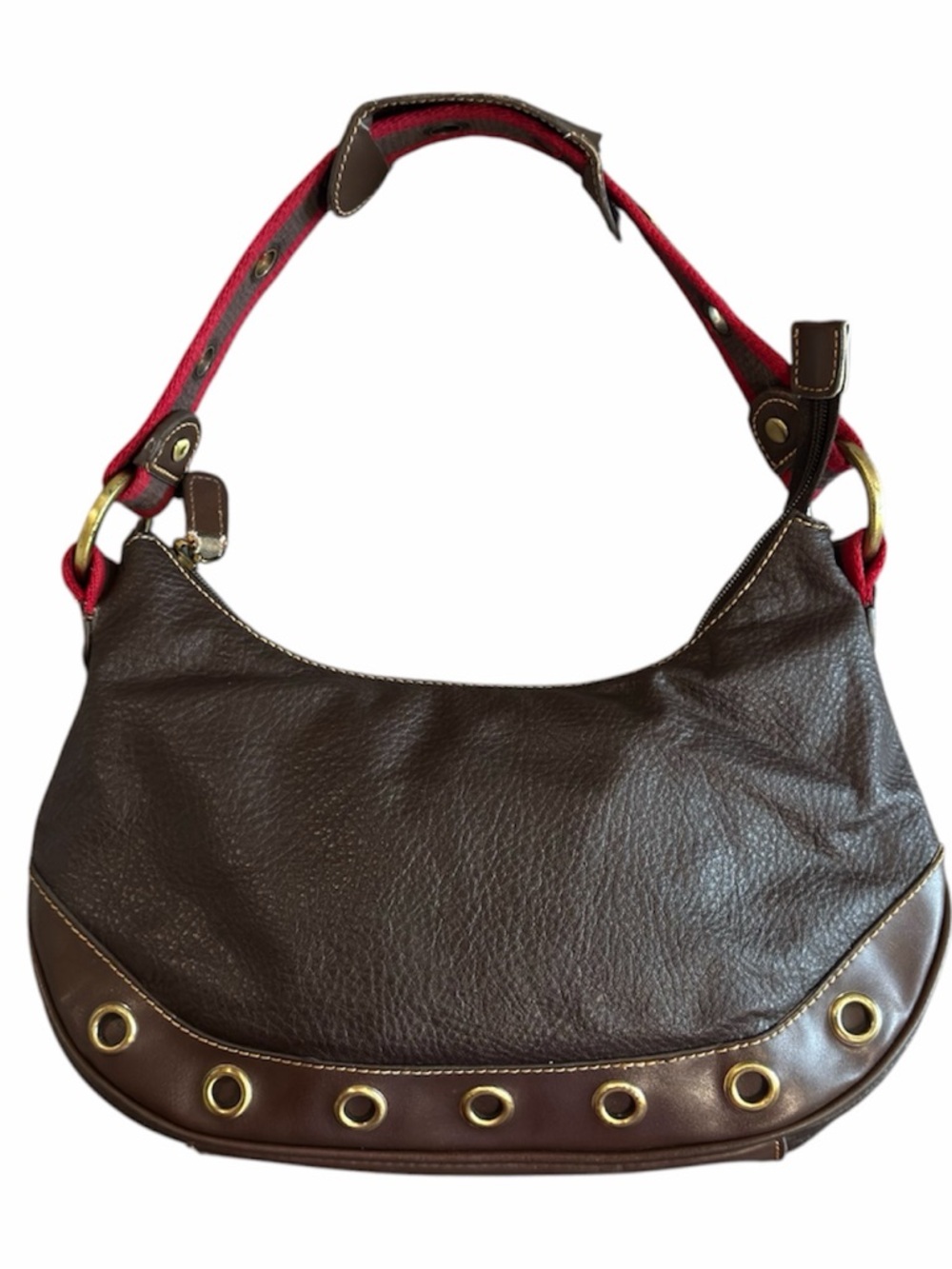 Tommy Hilfiger Brown Pebbled Leather Grommet Hobo Bag with Signature Red Lining